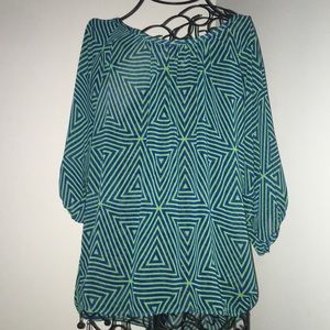 Blue, green patterned shirt.